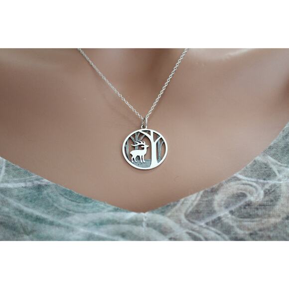 Sterling Silver Deer Charm with Trees Necklace